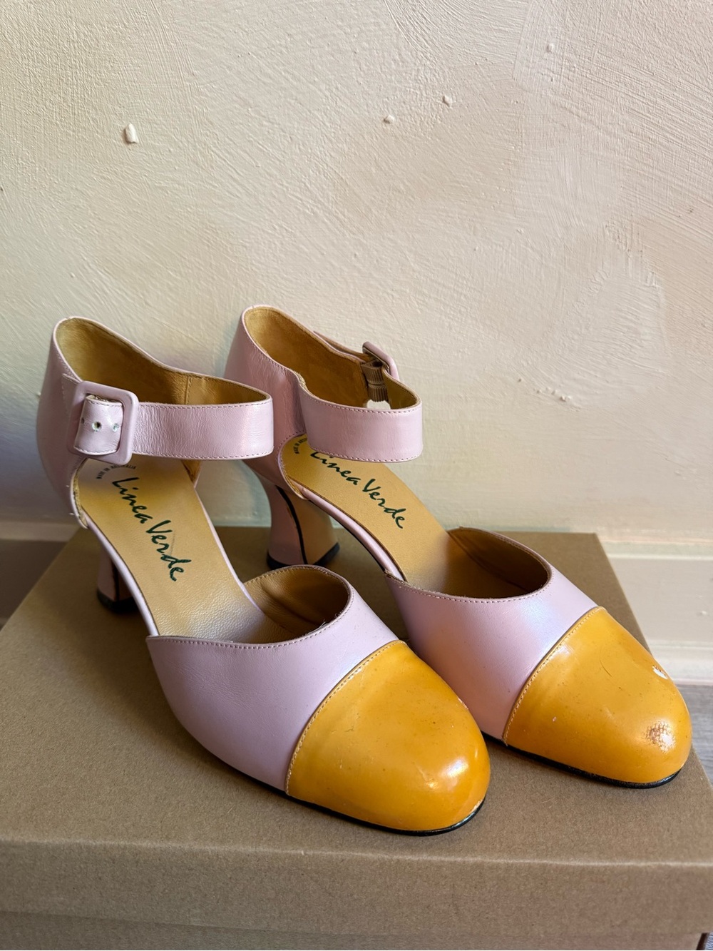 Pink and Yellow Cap-Toe Ankle-Strap Leather Heels - Made in Australia